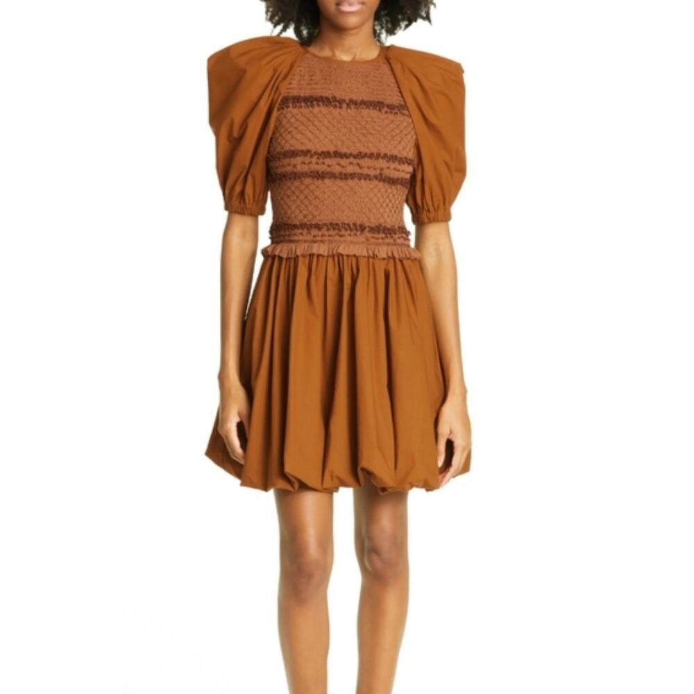 Ulla Johnson Dress Women Size 0 Tan Kali Smock Bodice Cotton Bubble Hem Mini